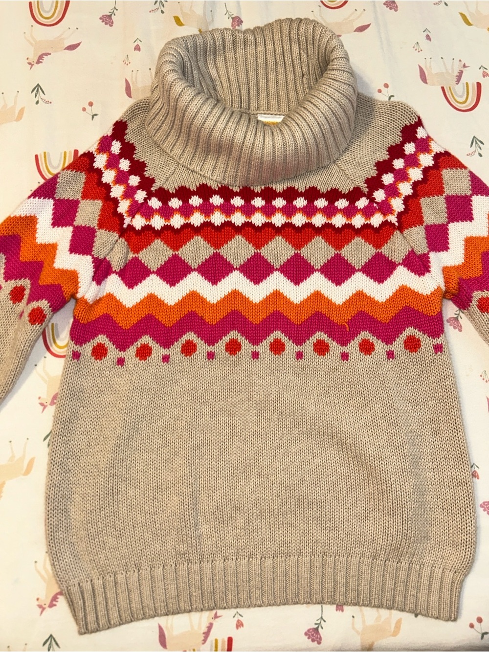 Turtleneck Fair Isle Sweater in Beige with Pink & Orange Accents